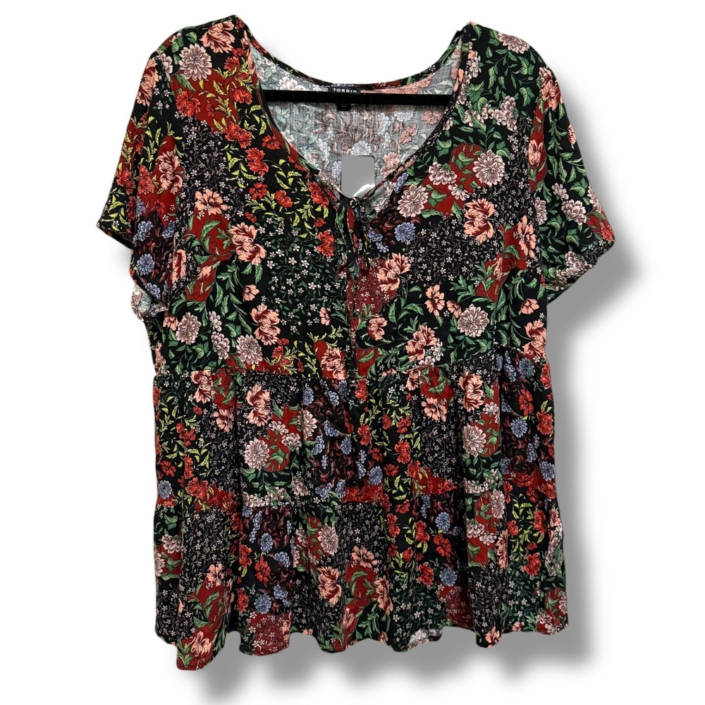 Torrid Black Floral Textured Stretch Rayon Babydoll Top Size 0 L 12 NEW - Picture 5 of 9